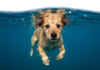 Adorable canine swimming in blue water with half above and below view