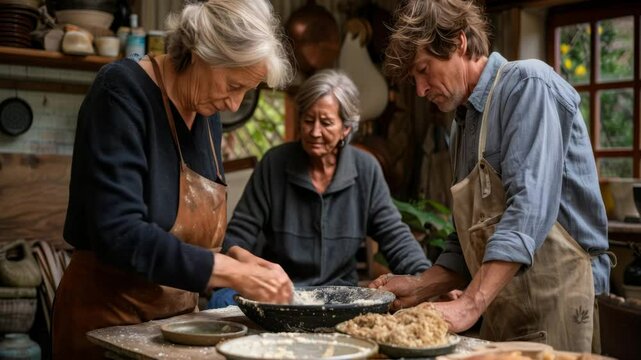 A woman leads a baking masterclass with her friends, skillfully preparing dough amidst clouds of flour, sharing tips and laughter while creating delightful treats together.