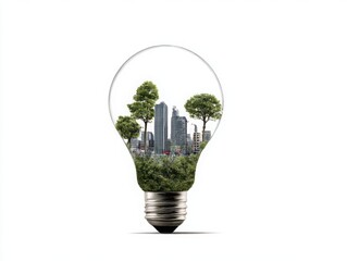 Cityscape inside lightbulb isolated on white background