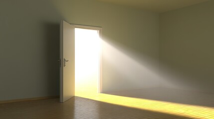 Obraz premium Open Door to a Clean Room with Sunlight Streaming In, Simple Interior Scene, Soft Diffused Light