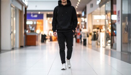 Obraz premium 黒いパーカーとスニーカーを合わせたカジュアルな装いでショッピングモールを歩くリラックススタイル