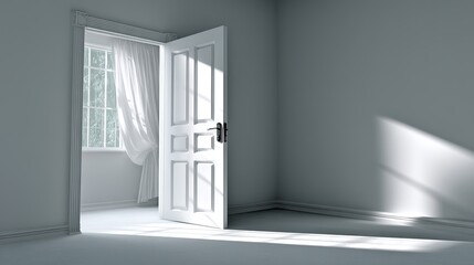 Fototapeta premium Open Door to a Clean Room with Sunlight Streaming In, Simple Interior Scene, Soft Diffused Light