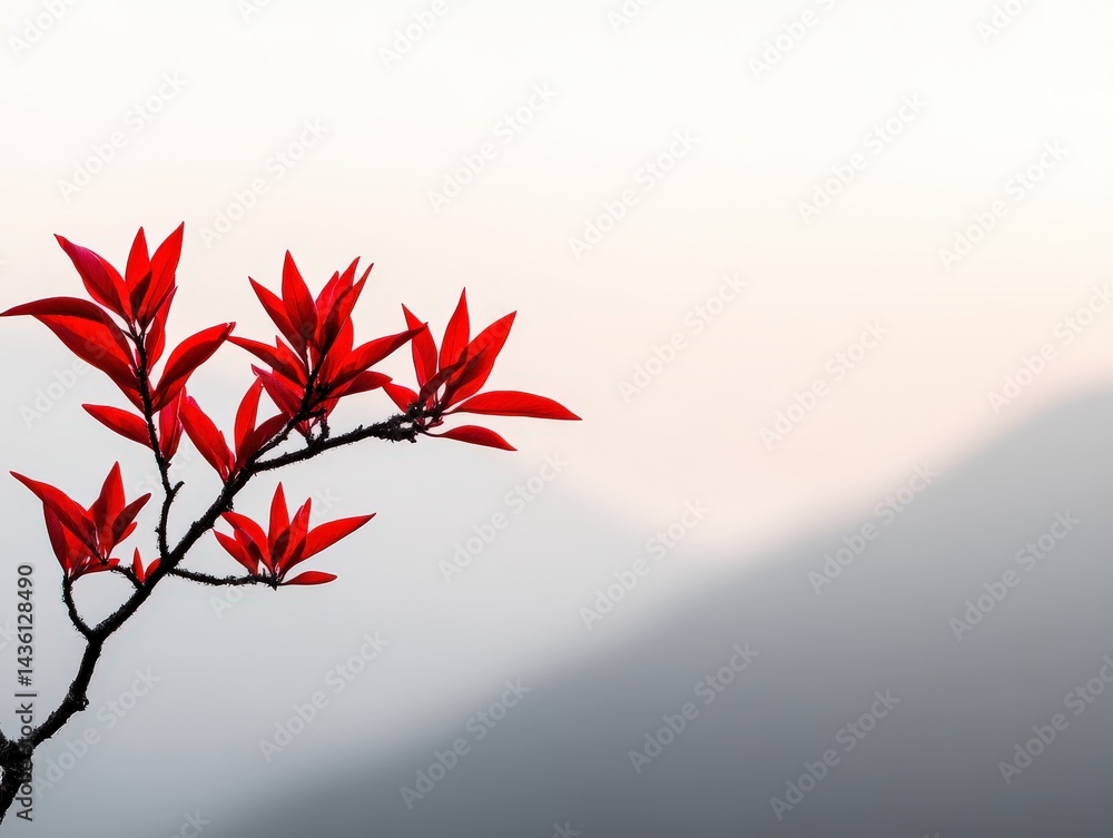 Poster red branch with sharp leaf edges reaching toward soft white foggy background expressing seasonal min