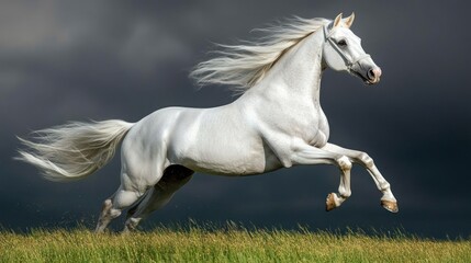 Majestic white horse running in field under dramatic sky.  Possible use Stock photo