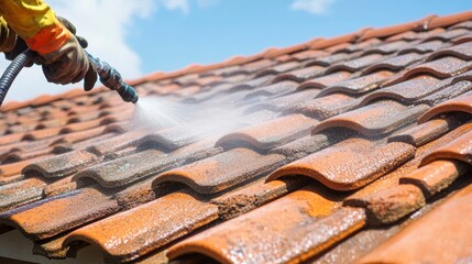 Worker pressure washing dirty clay roof tiles, cleaning, restoration.