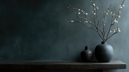 Dark teal wall, rustic wooden shelf, simple ceramic vases with delicate white blossoms
