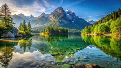 Serene lake surrounded by towering Bavarian Alps, reflecting the majestic beauty of Hintersee Lake in Berchtesgaden National Park , tranquility, water
