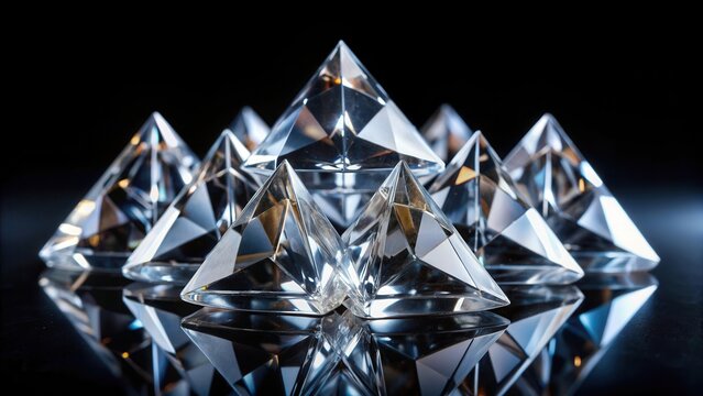 A cluster of transparent glassy crystals arranged in a triangular formation on a plain black surface, showcasing their intricate facets and internal reflections , shine, triangle
