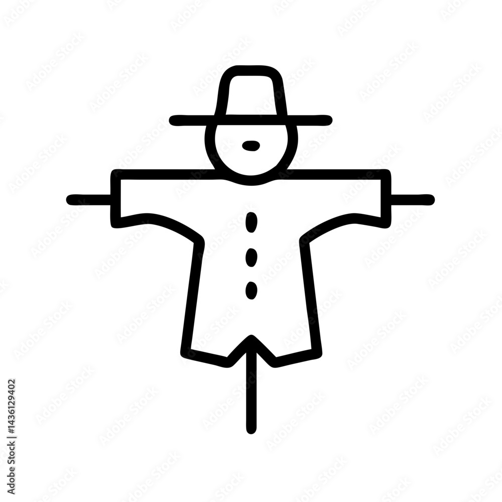 Poster a simple outline drawing of a scarecrow with a hat and button details on its shirt design element