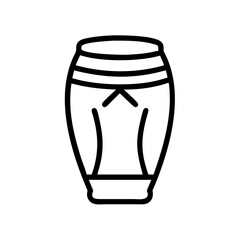 Outline drawing of a conga drum with three horizontal bands and an arrow like design on the front