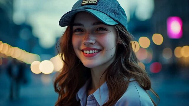 A portrait of a young woman with wavy brown hair, wearing pastel streetwear and a baseball cap