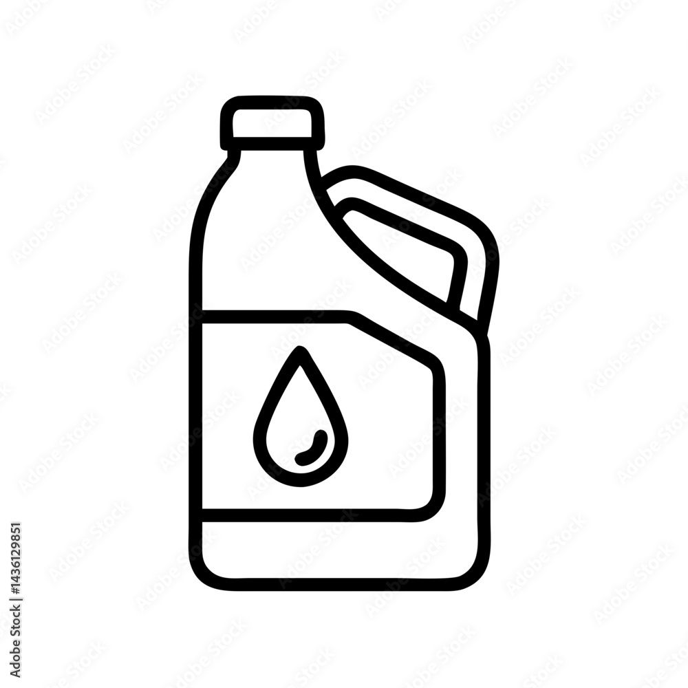 Poster outline drawing of a plastic container with handle and a drop symbol on the label design is shown