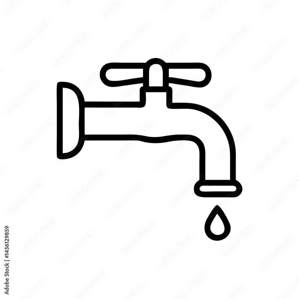 Poster a simple line drawing of a faucet with a single drop of liquid falling from the spout shown isolated