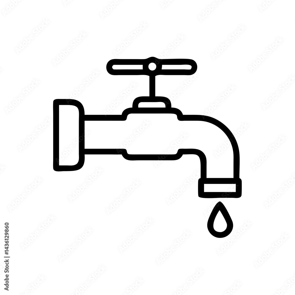 Poster outline drawing of a faucet with a single drop of liquid falling from the spout design element