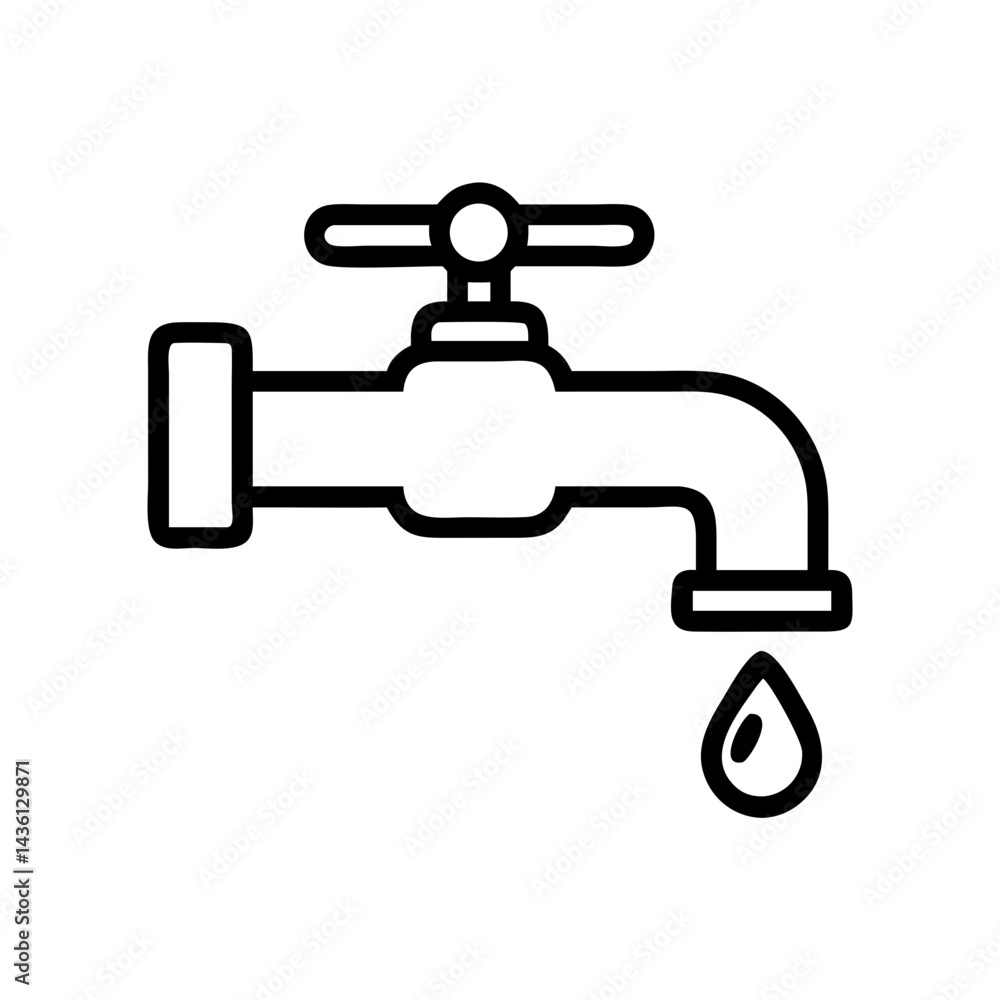 Poster Outline drawing of a faucet with a single drop of liquid falling from the fixture design element