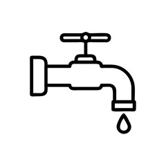 Outline drawing of a faucet with a single drop of liquid falling from the spout design element
