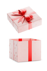 Opened package, gift in pink paper wrapper with hearts. Opened gift box pink. Isolated on white background. Transparent background. Christmas gift. Wedding anniversary gift. 3d visualization.
