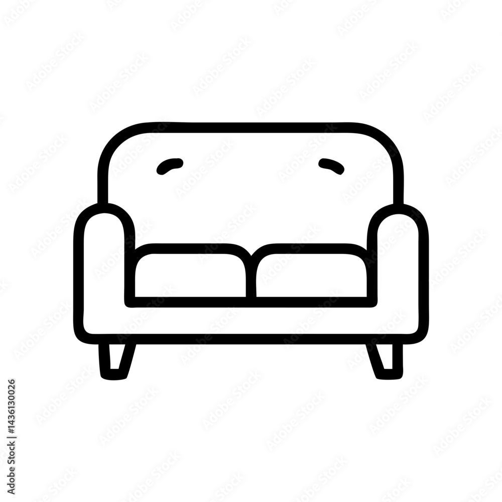 Aufkleber a simple drawing of a couch with two cushions and four legs in black outline design style object