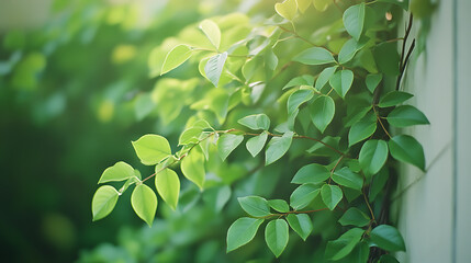 Obraz premium Green Leaves on a Vine Against a Wall