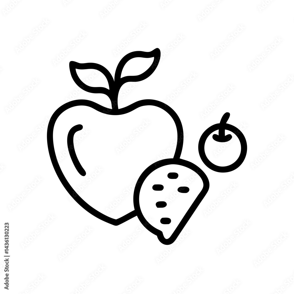 Poster outlined drawing shows an apple strawberry and cherry in a simple and clean design style image