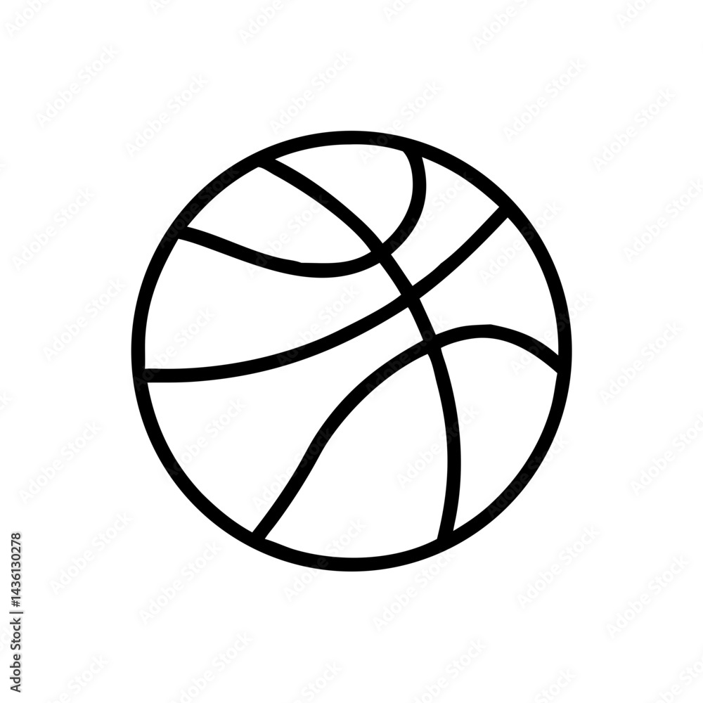 Poster a simple graphic showing a round ball with curved lines on it in a black outline style design here