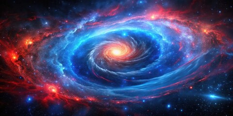 A swirling cosmic nebula filled with vibrant red and blue glowing lights, amidst a dark and starry background , cosmos , glowing
