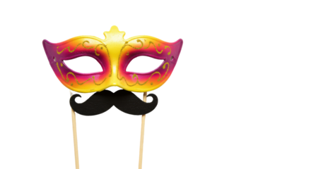 Isolated Carnival Mask with Moustache on Sticks for Party