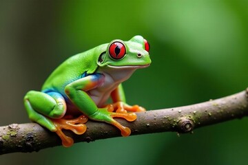 Green tree frog perched on white, vibrant skin details, macro, bright