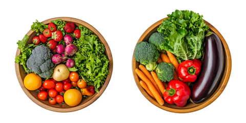Fresh vegetable and fruit bowls for healthy eating and lifestyle nutrition diet and wellness concept isolated on a transparent background.