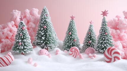 pink candy christmas trees backdrop white snow ground whimsical cute festive winter holiday decoration