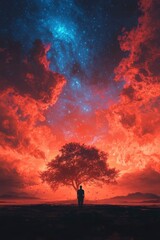 Obraz premium Silhouette figure under vivid sunset sky