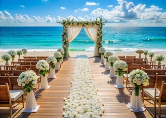 Naklejka premium Luxurious Beach Wedding: White Floral Arch & Gypsophila Aisle