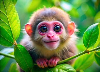 Fototapeta premium Cute Pink-Faced Monkey Hanging on Branch, Fluffy Monkey in Lush Green Leaves