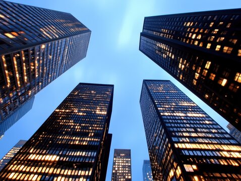 Dramatic upward view of skyscrapers at dusk showing modern urban power symmetry and corporate infrastructure in financial cityscape with reflective glass