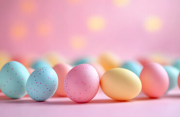 Fototapeta premium Colorful Easter Eggs Are Scattered On A Soft Pastel Background, Symbolizing Joy And Happiness During Festive Celebrations.