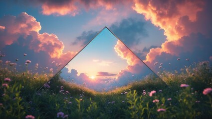 Meadow Reflecting Sky Through Pyramid at Sunset, Romantic Cloudscape