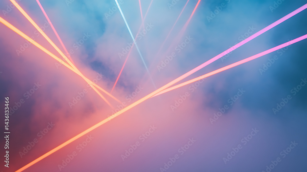 Poster futuristic abstract composition with intersecting rgb light beams creating prismatic patterns throug
