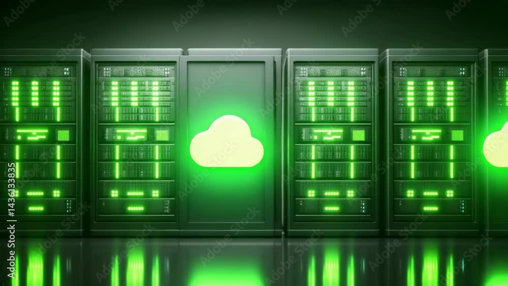 Poster cloud computing technology with cloud icon on server racks, representing it solutions, cybersecurity