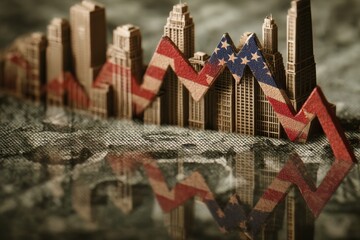 American Skyline with a downward trending graph, reflecting on a dollar bill.  Economic downturn concept.