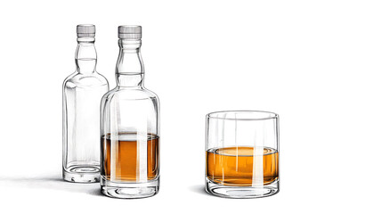 decorative liquor bottle and a filled whiskey glass, isolated on a white background sketch engraving generative ai raster illustration. Scratch board imitation. Black and white image.