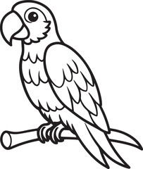 cute macaw sitting on branch line art, black outline, vector and illustration, coloring book page line art drawing