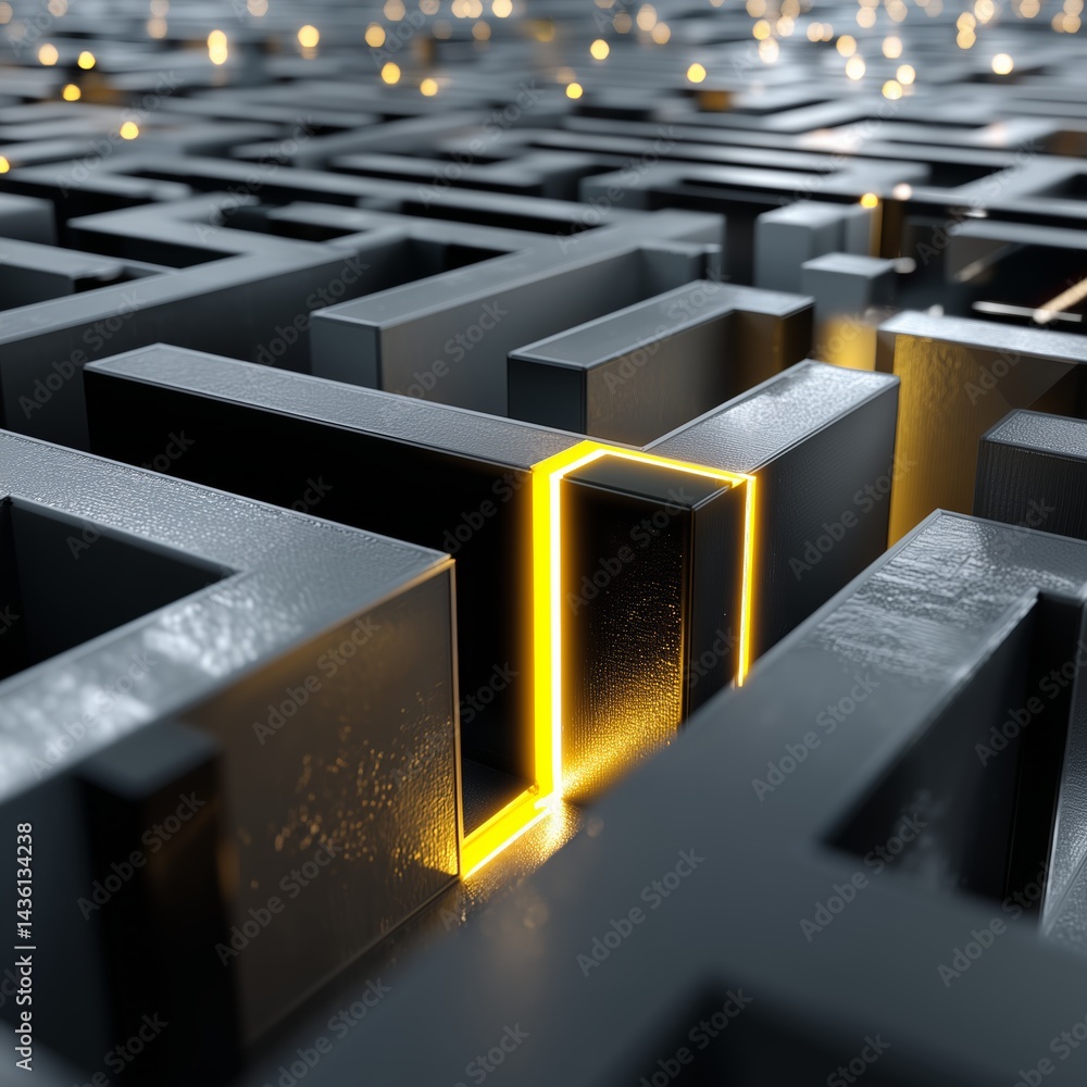 Poster intricate maze design illuminated by soft golden light, creating a modern aesthetic. creative idea g
