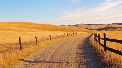 Obraz premium Rural dirt road stretching through golden wheat field under wide sky creating nostalgic pastoral journey and warm countryside horizon feeling