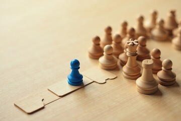 Strategic Thinking A Single Blue Pawn's Journey Across the Wooden Bridge Towards a Group of Light-Colored Chess Pieces