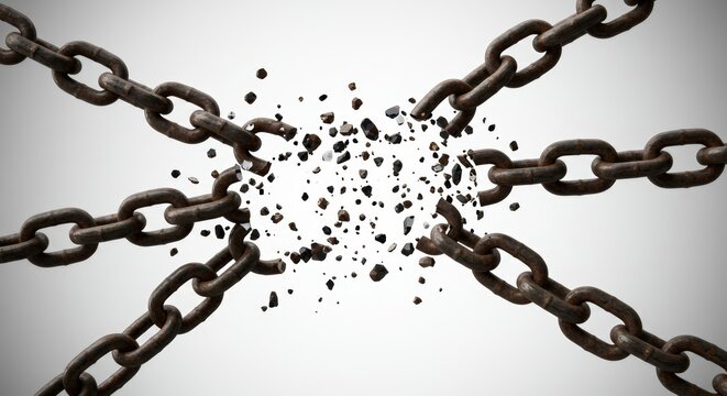 Powerful rusty chains breaking apart, symbolizing freedom, strength, and overcoming obstacles with determination and resilience on a bright background