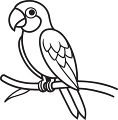 cute macaw sitting on branch line art, black outline, vector and illustration, coloring book page line art drawing