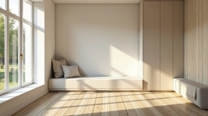 Fototapeta premium Sunlight Illuminates a Minimalist Room Featuring a Built-in Bench and Ample Storage