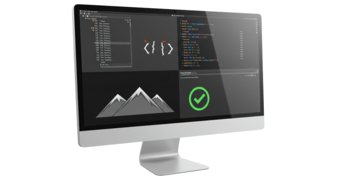 Isolated Computer Screen Displaying Code and Green Checkmark