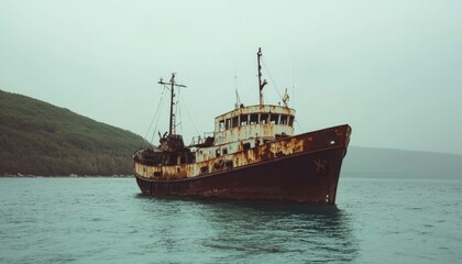 Rusty ship adrift at sea