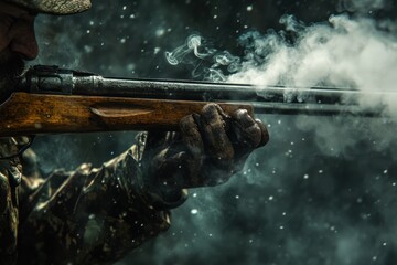 Hunter in Winter Landscape with Rifle